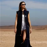 Long Blue Slaveless Linen Coat in Thick Weave