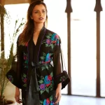 Embroidered Silk Shantung Kimono with Organza Sleeves